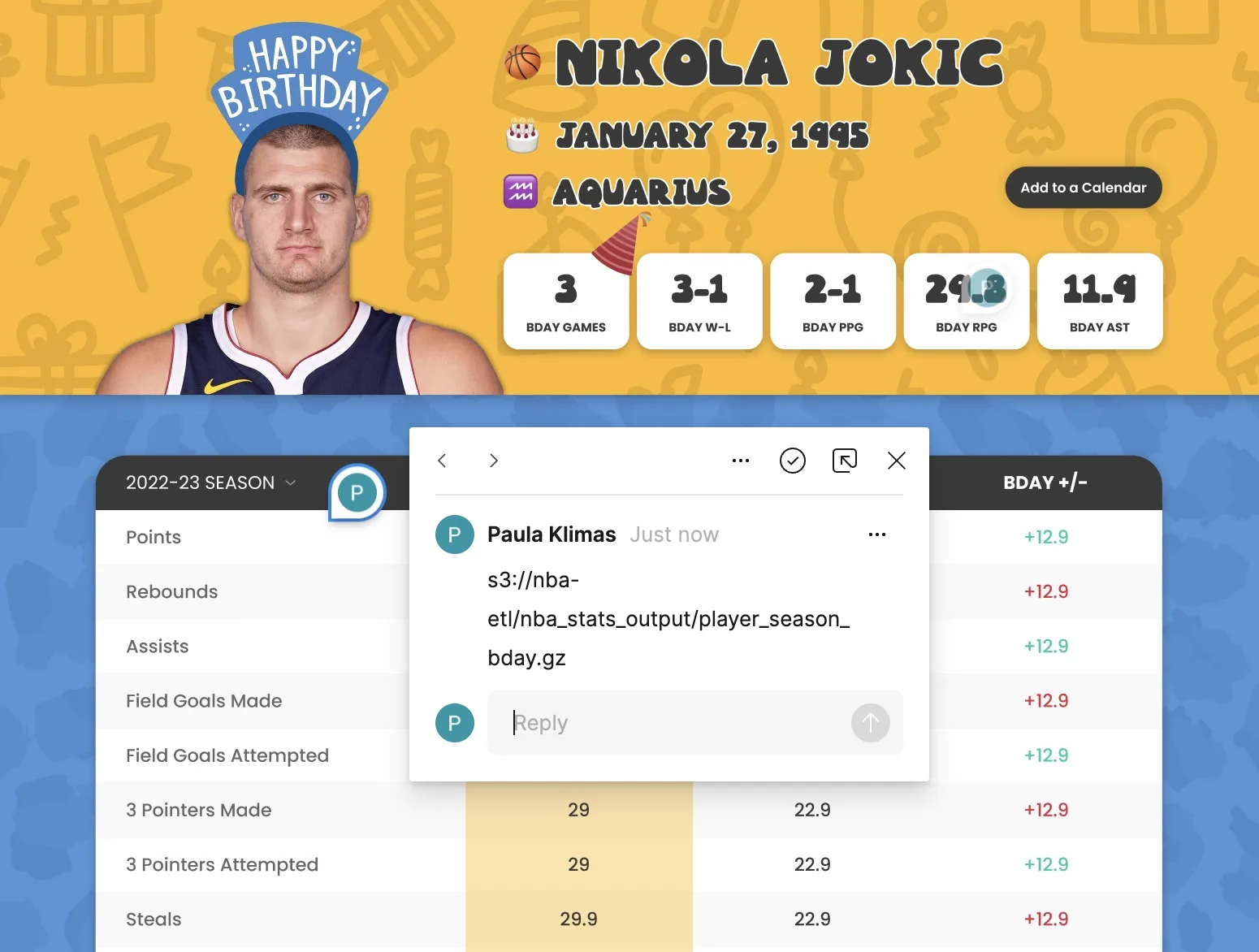 Birthday Stats player profile for Nikola Jokic showing birthday stats, season averages, and a data pipeline message with an S3 path