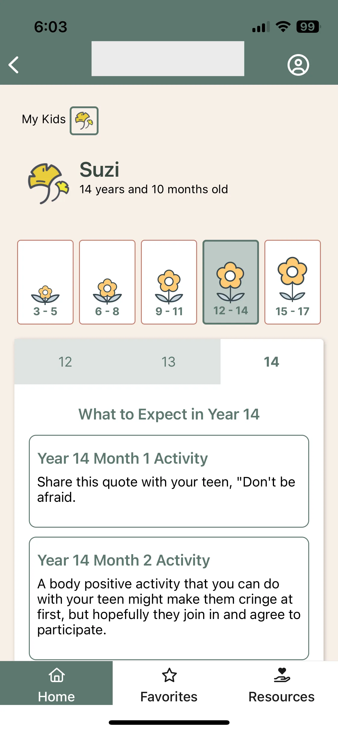 Kula home screen showing child profile for Suzi with age-range tabs and monthly activity content