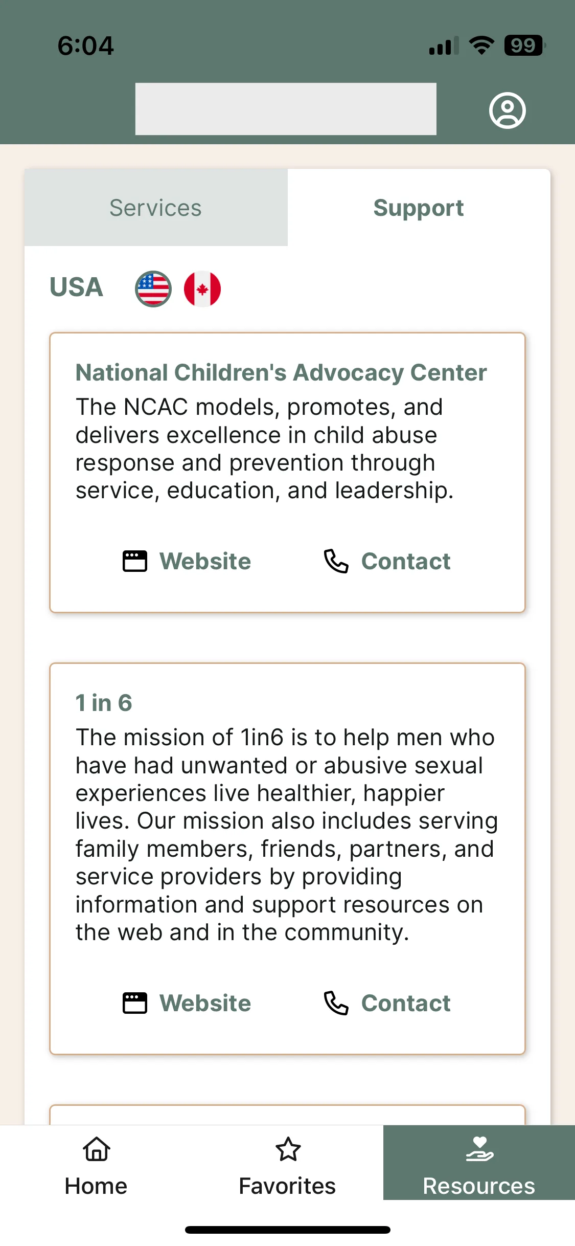 Kula Resources tab showing USA and Canada support organizations including the National Children's Advocacy Center