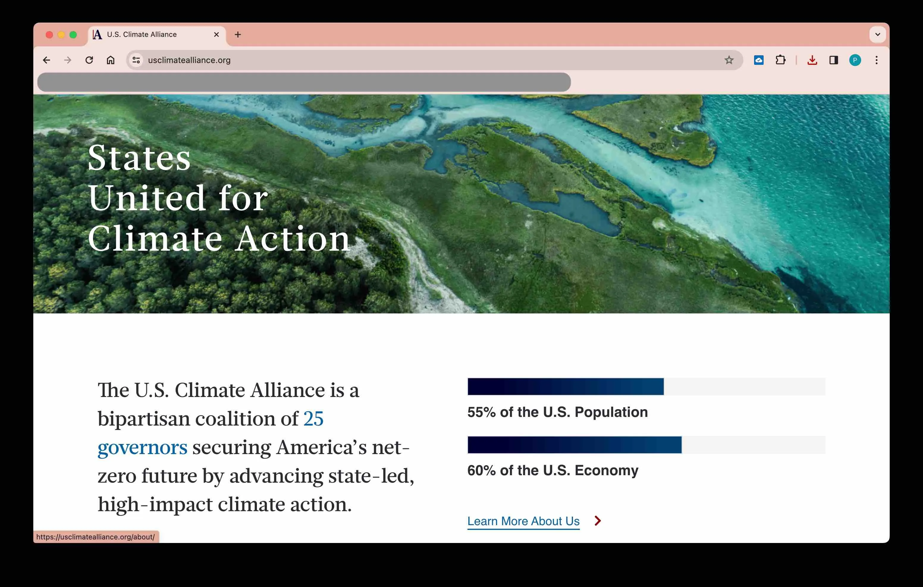 U.S. Climate Alliance homepage showing the hero banner, coalition description, and population/economy statistics