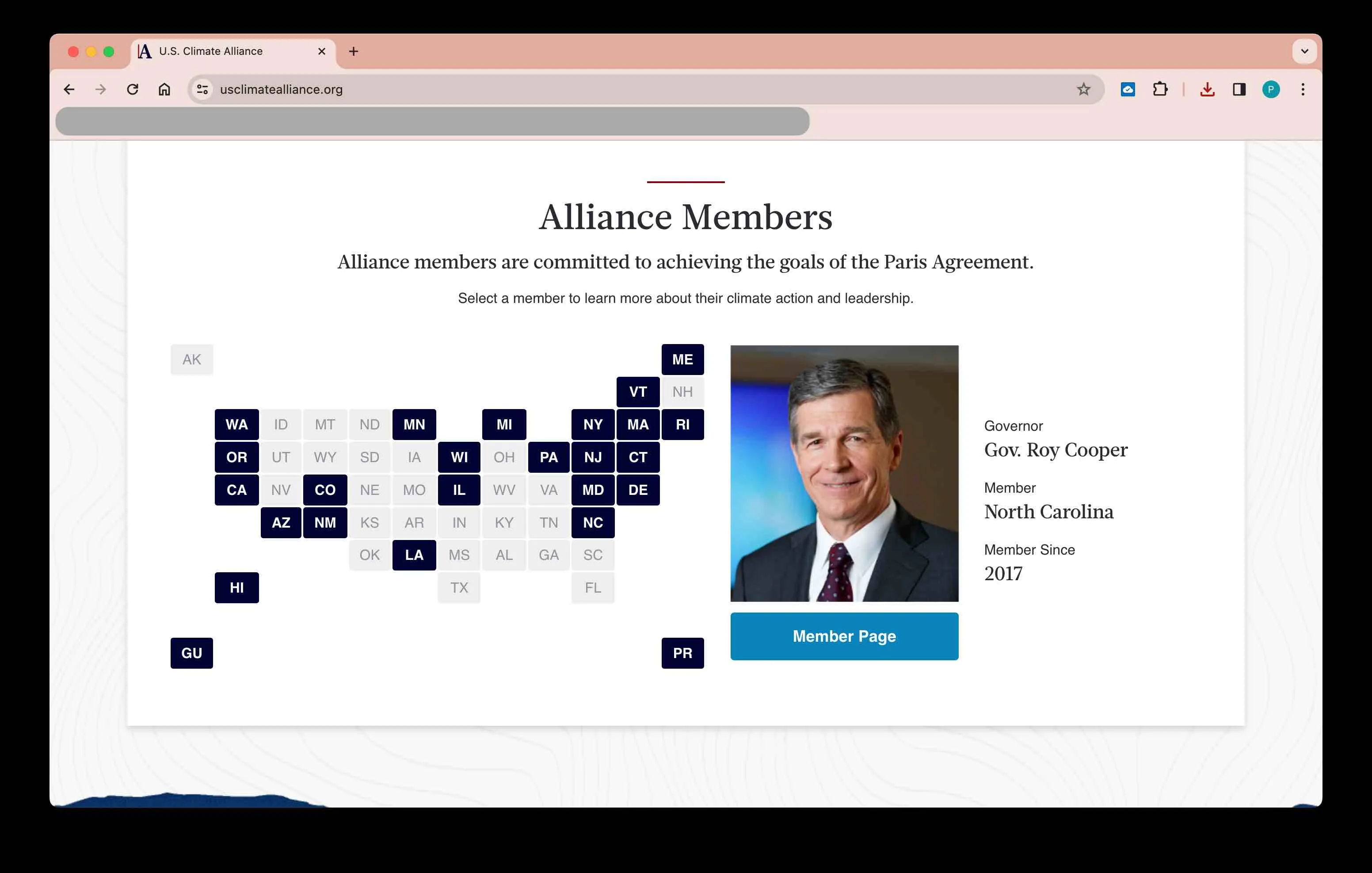 Alliance Members page showing an interactive state map with hover-driven member detail panel for Gov. Roy Cooper of North Carolina