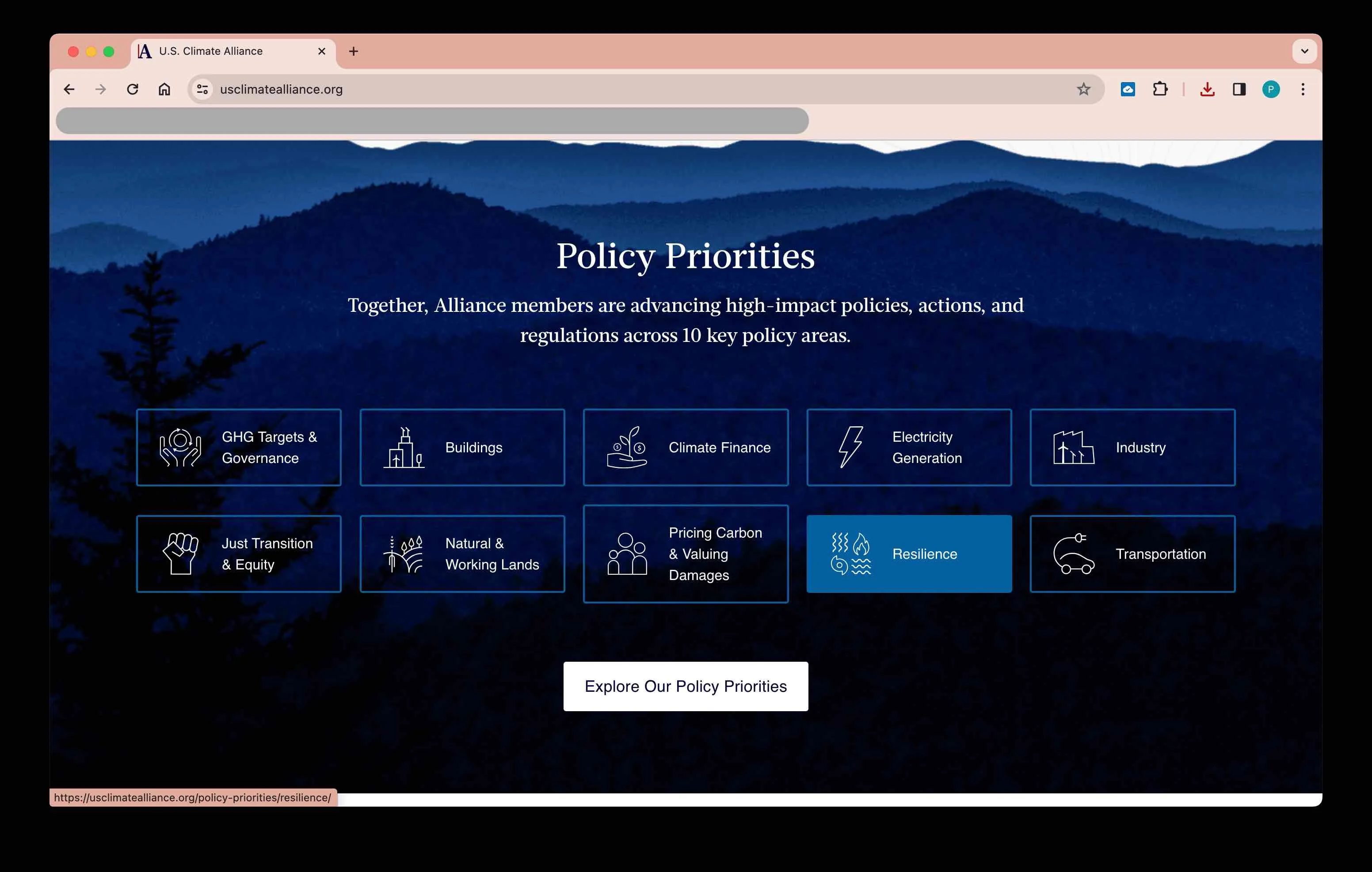 Policy Priorities page showing 10 policy area tiles including GHG Targets, Buildings, Climate Finance, and Transportation