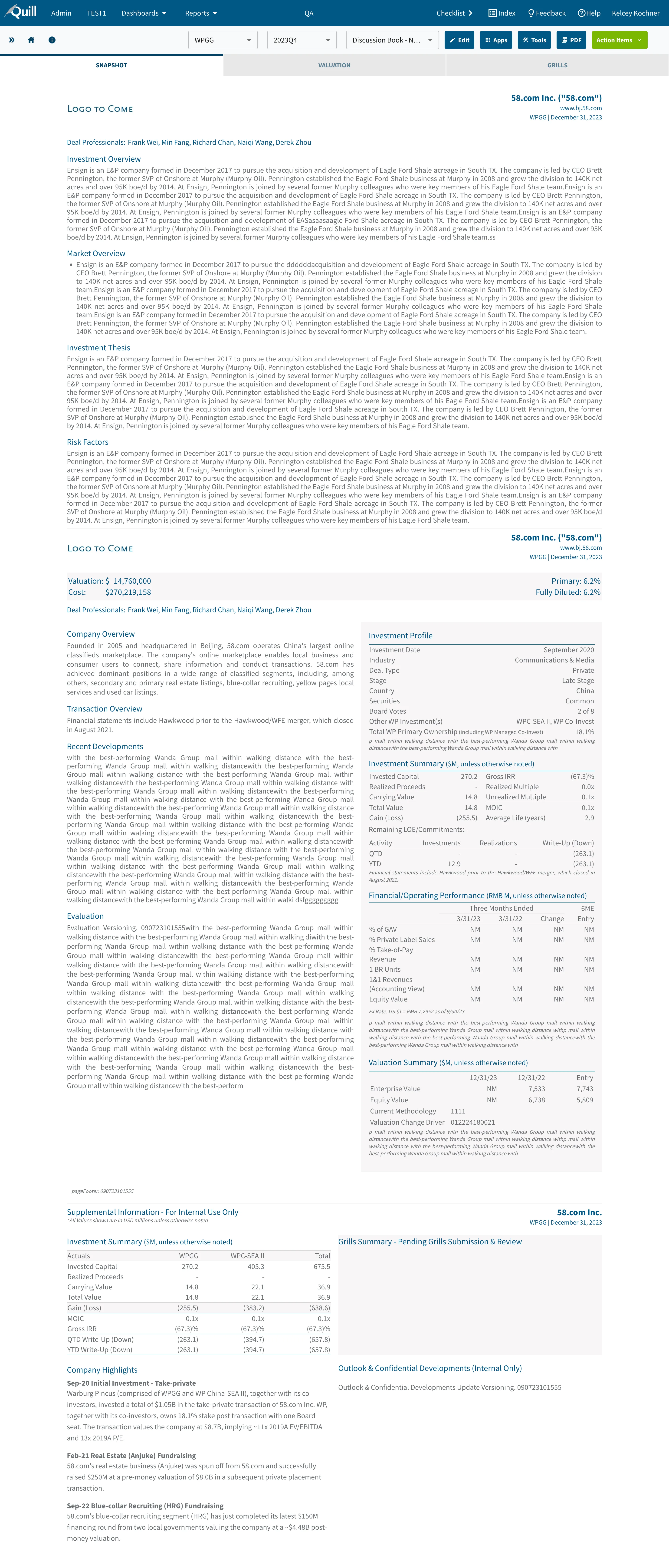 Quill snapshot discussion book view showing multi-section financial narrative and supplemental data tables